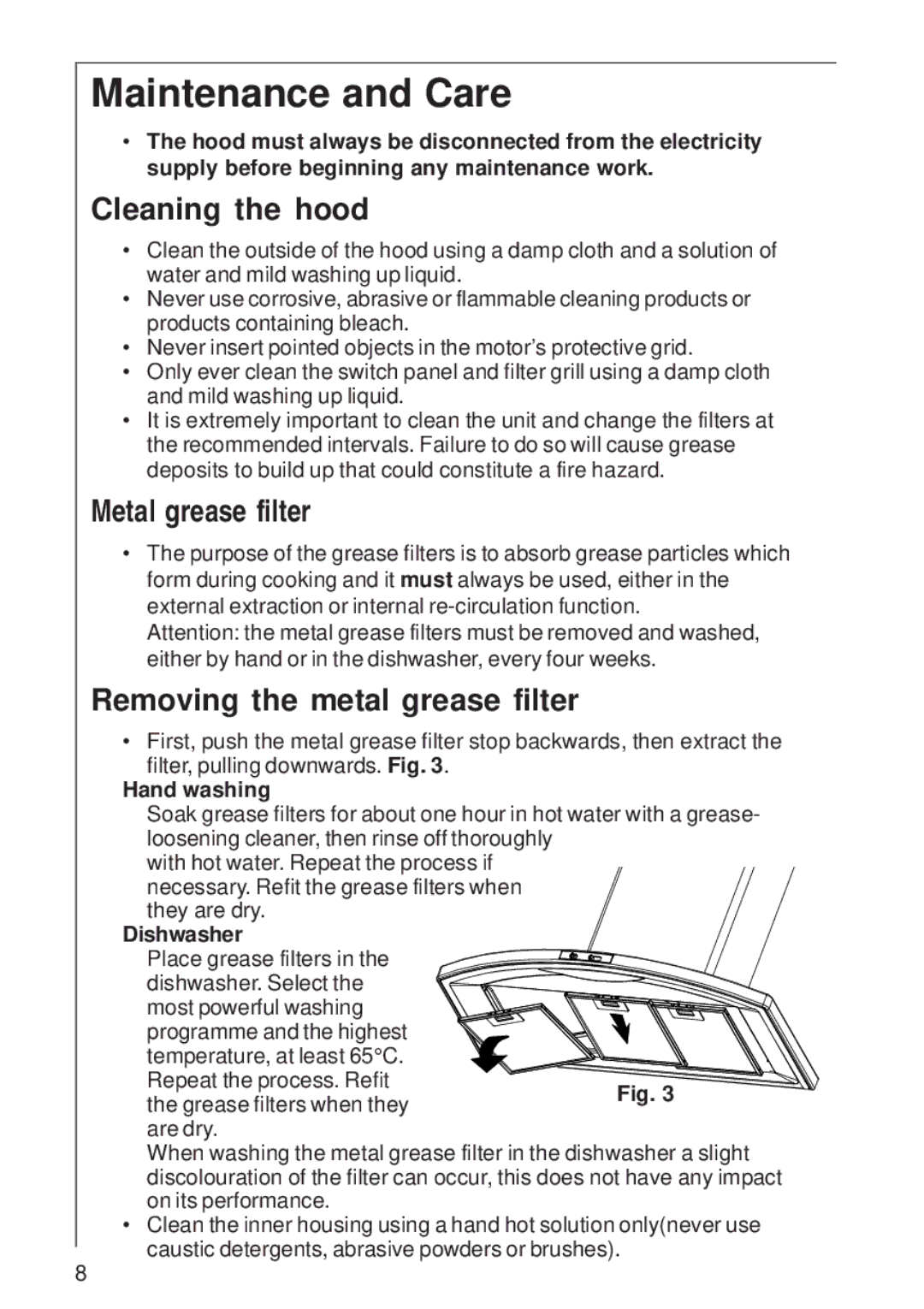 Electrolux HC 3360 Maintenance and Care, Cleaning the hood, Metal grease filter, Removing the metal grease filter 