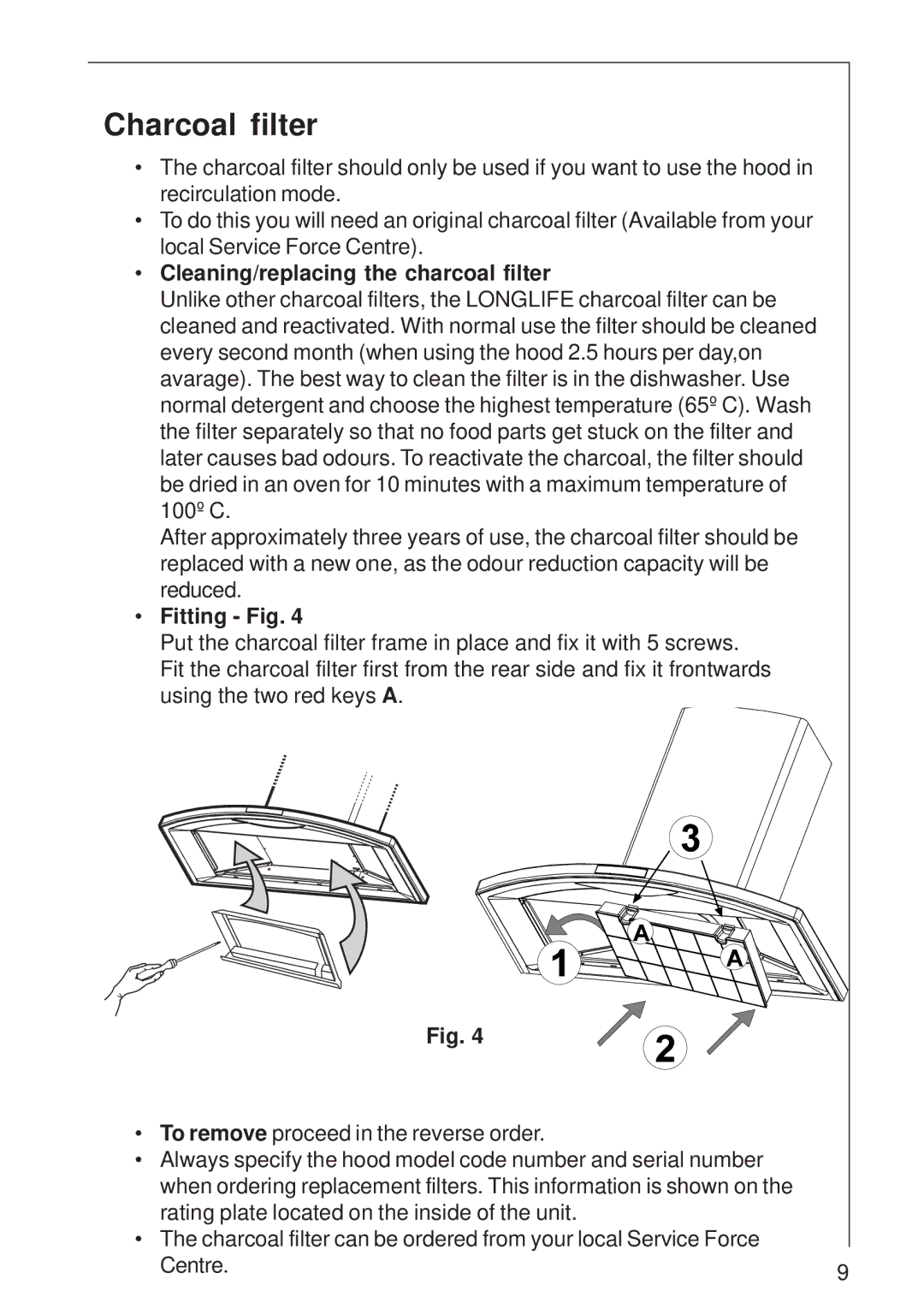 Electrolux HC 3360 user manual Charcoal filter, Cleaning/replacing the charcoal filter, Fitting Fig 