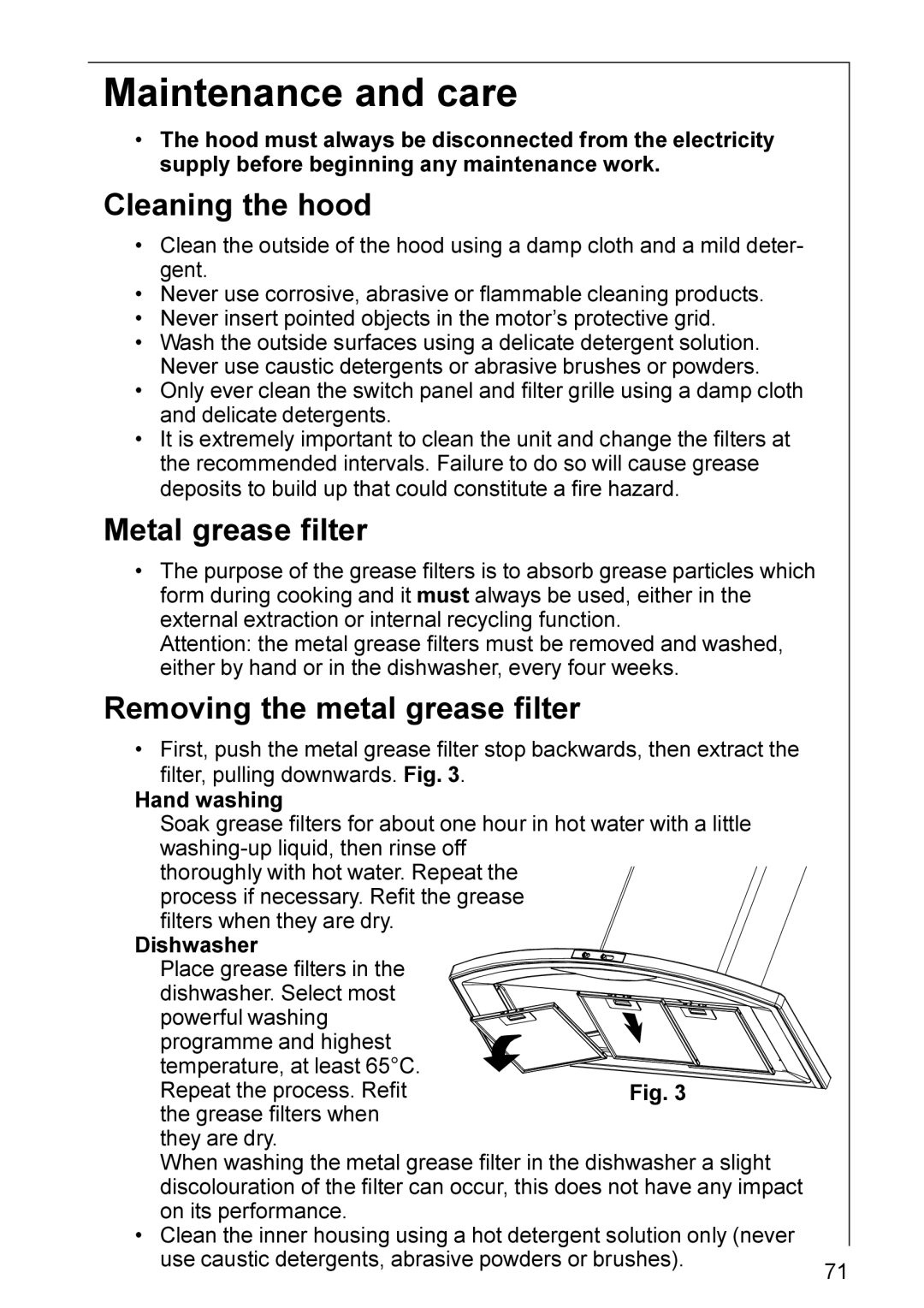 Electrolux DK 9160-9190 Maintenance and care, Cleaning the hood, Metal grease filter, Removing the metal grease filter 