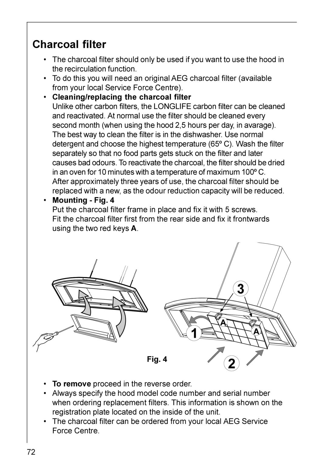 Electrolux DK 9960-9990, HC 5690-3360, DK 9160-9190, DK 9360-9390, DK 9660-9690 installation instructions Charcoal filter 