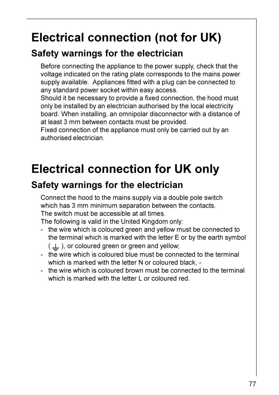 Electrolux DK 9960-9990, HC 5690-3360, DK 9160-9190 Electrical connection not for UK, Electrical connection for UK only 