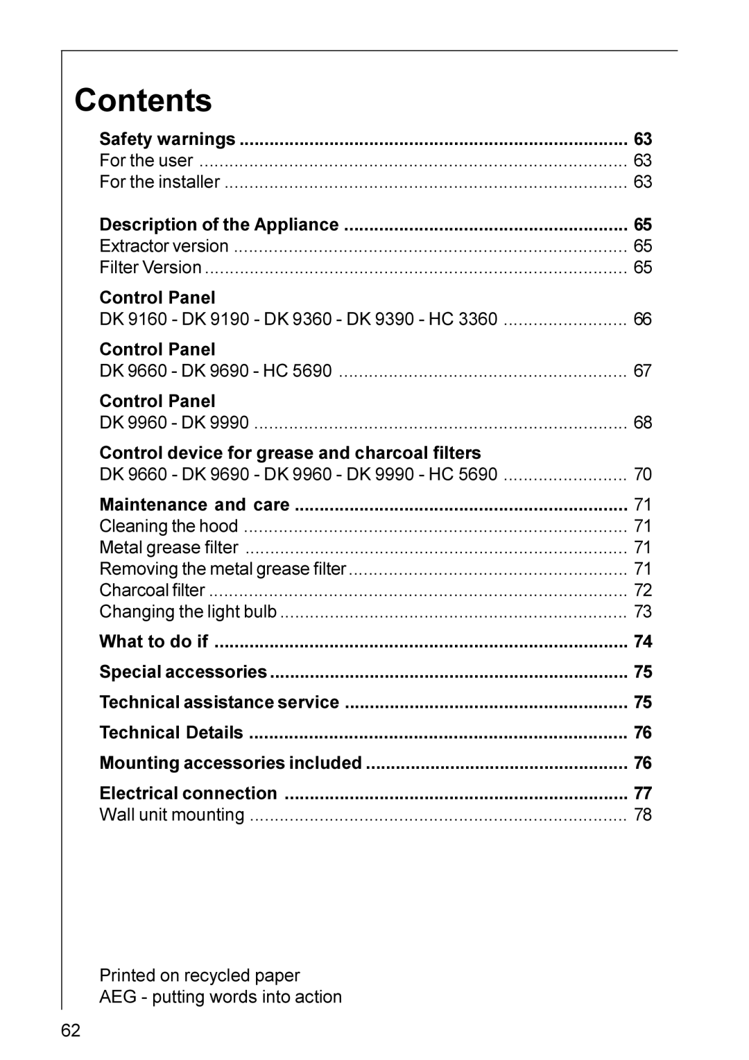 Electrolux DK 9960-9990, HC 5690-3360, DK 9160-9190, DK 9360-9390, DK 9660-9690 installation instructions Contents 