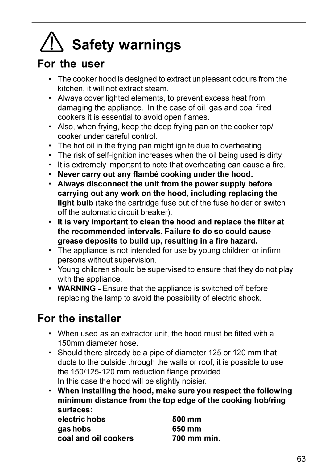 Electrolux DK 9360-9390, HC 5690-3360, DK 9160-9190, DK 9960-9990 Safety warnings, For the user, For the installer 