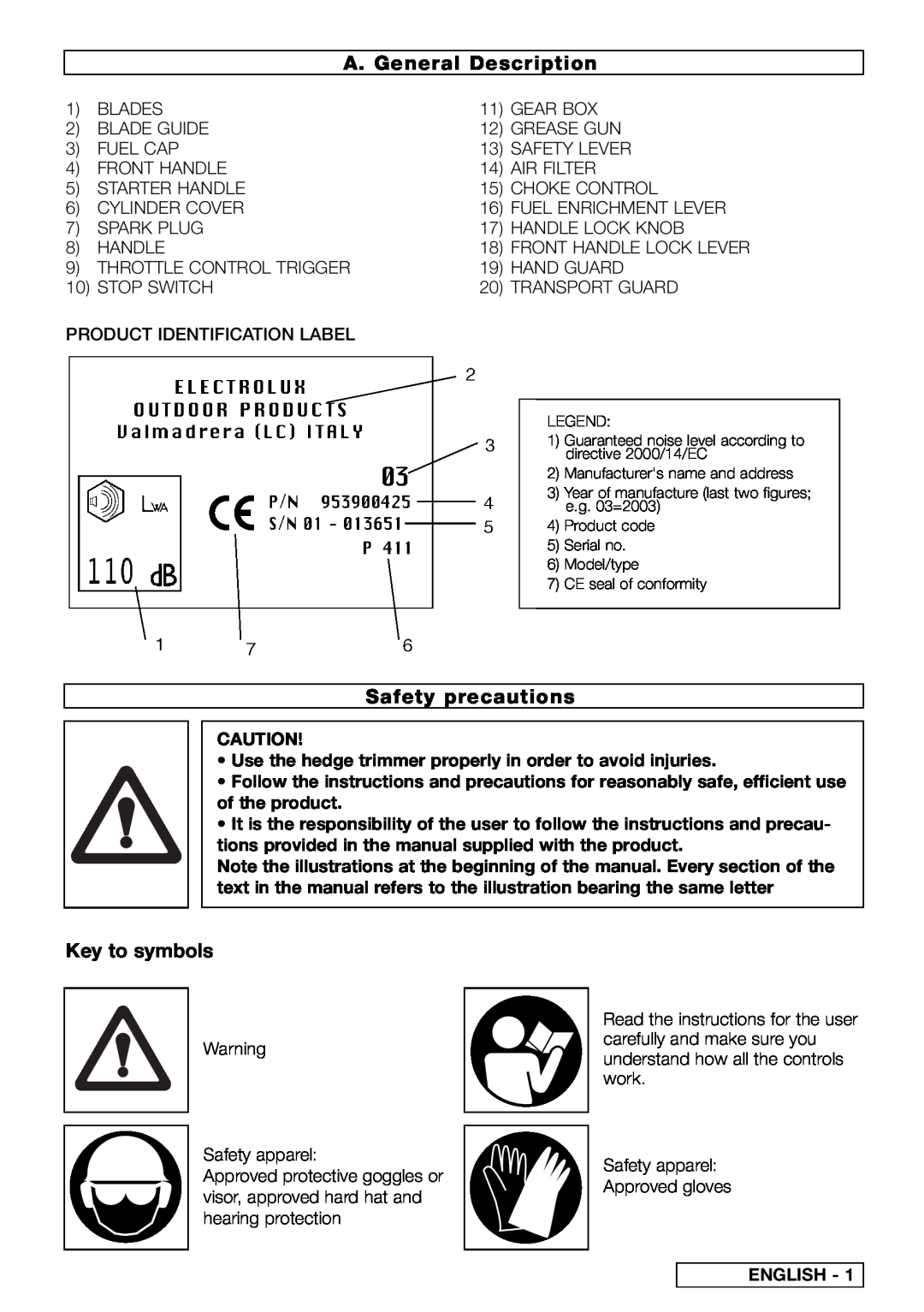 Electrolux HC 60, PH 61, HG 63, HG 65, HC 70 instruction manual A. General Description, Safety precautions, Key to symbols 