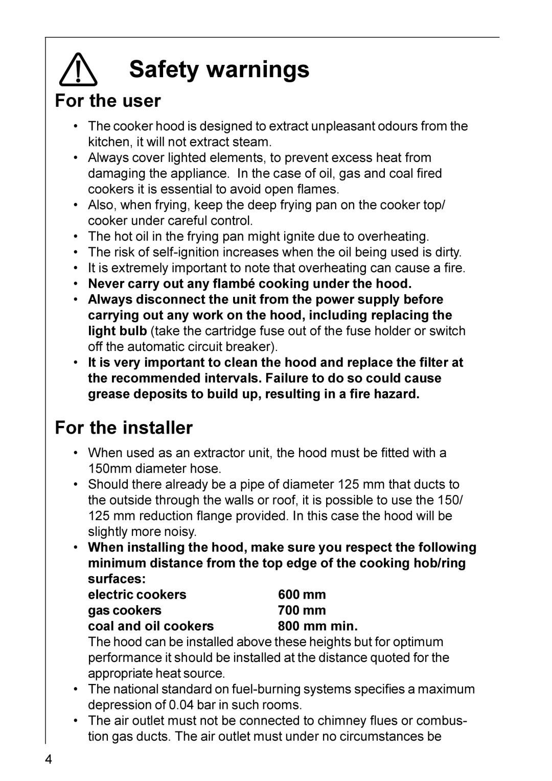 Electrolux HD 8694 installation instructions Safety warnings, For the user, For the installer 