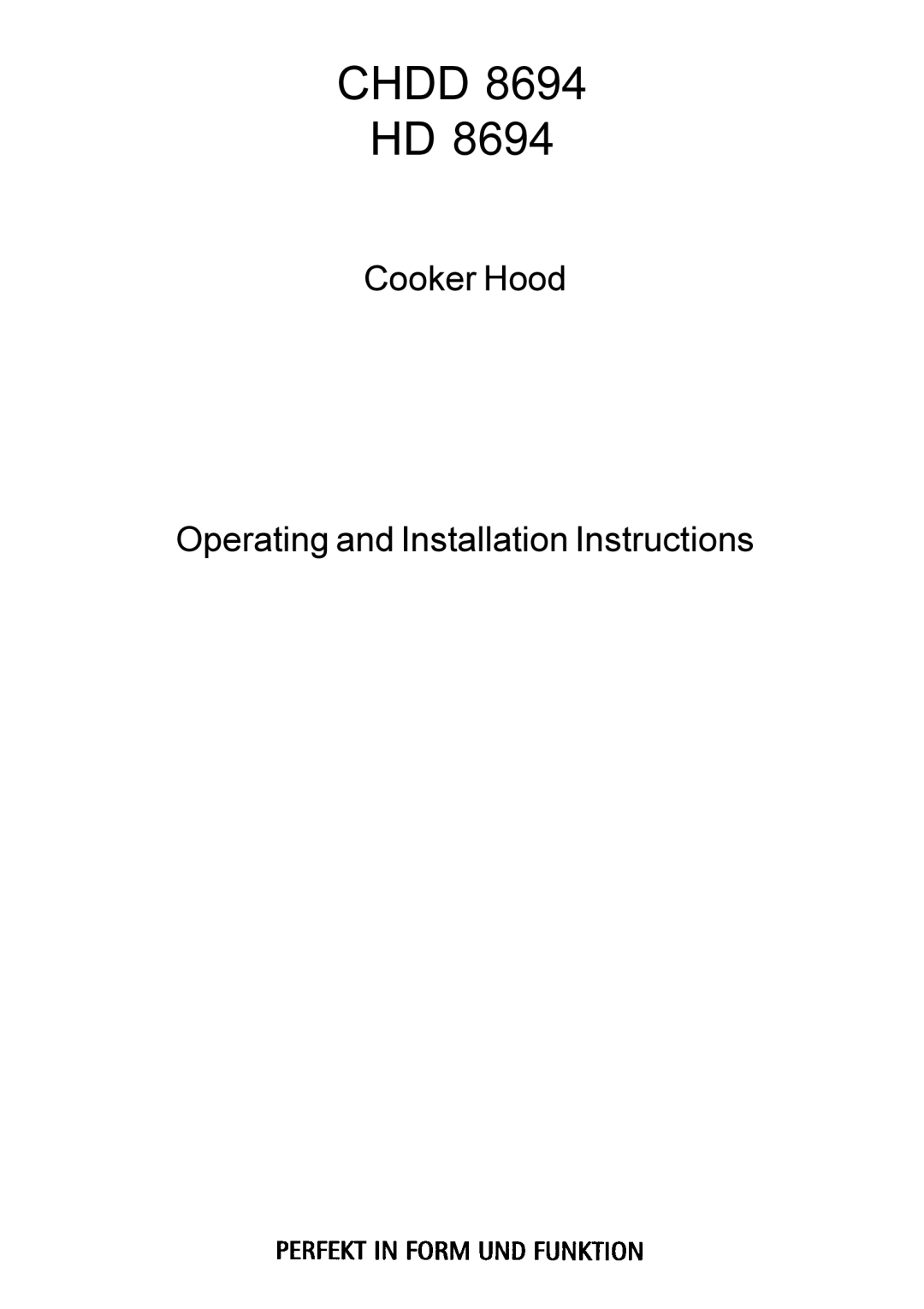 Electrolux HD 8694 installation instructions Chdd Hd, Cooker Hood Operating and Installation Instructions 