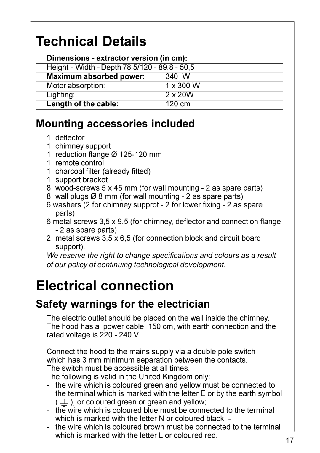 Electrolux HD 8694 installation instructions Technical Details, Electrical connection, Mounting accessories included 