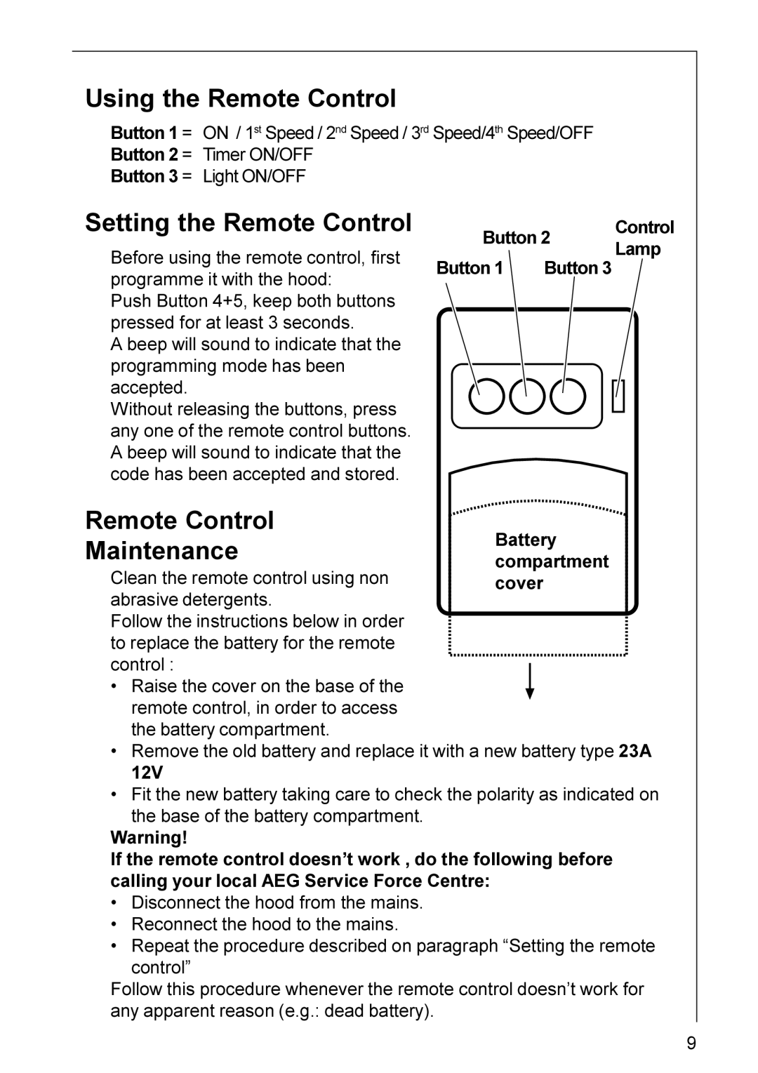 Electrolux HD 8694 installation instructions Using the Remote Control, Setting the Remote Control, Maintenance 