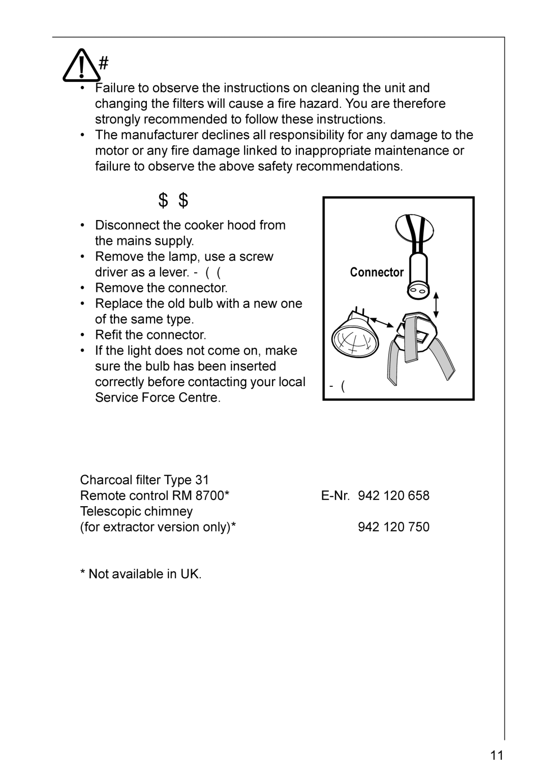 Electrolux HD 8795, HD 8760 installation instructions Special accessories, Changing the light bulb 