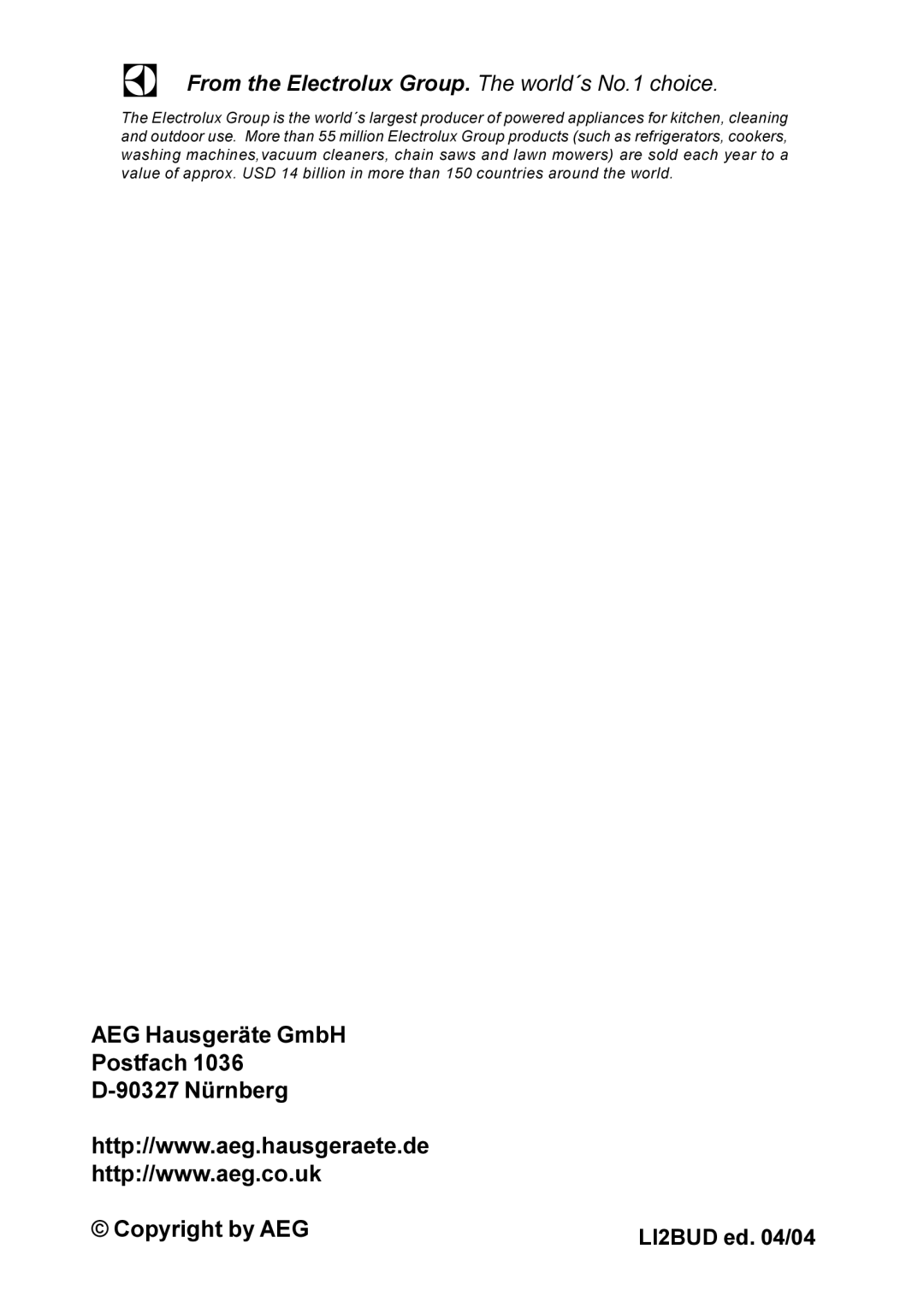 Electrolux HD 8760, HD 8795 installation instructions AEG Hausgeräte GmbH Postfach 90327 Nürnberg Copyright by AEG 