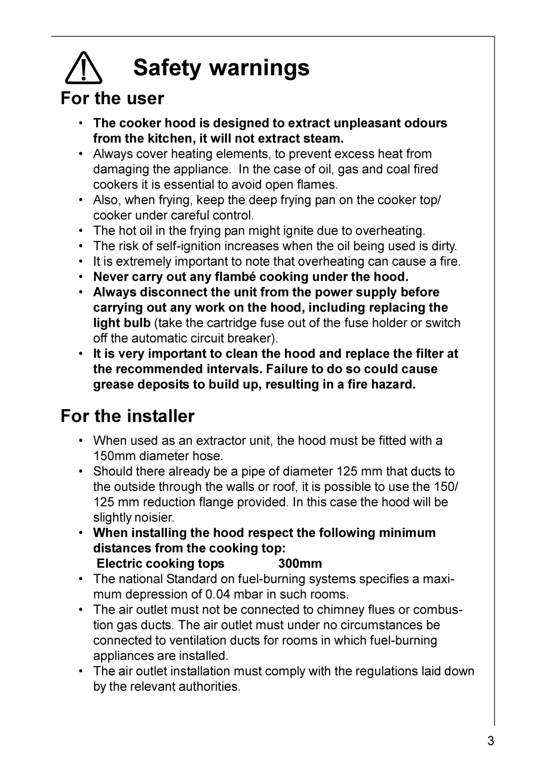 Electrolux HD 8795, HD 8760 installation instructions Safety warnings, For the user, For the installer 