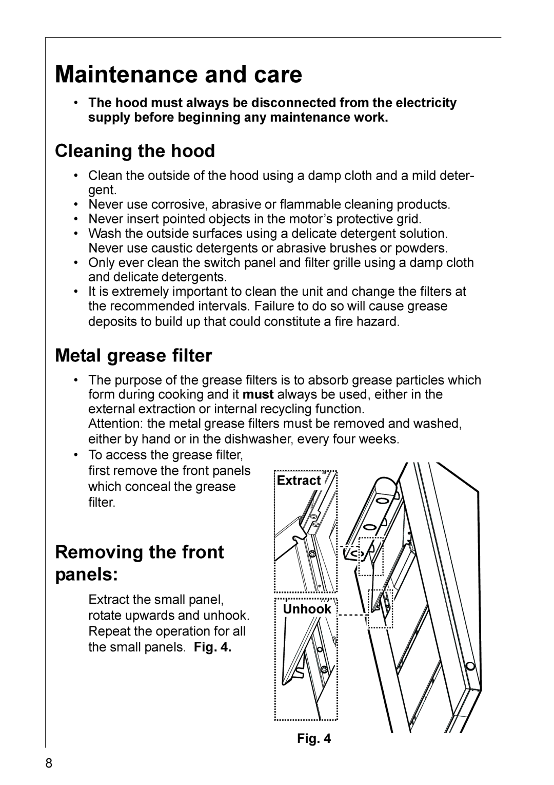 Electrolux HD 8760, HD 8795 Maintenance and care, Cleaning the hood, Metal grease filter, Removing the front Panels 