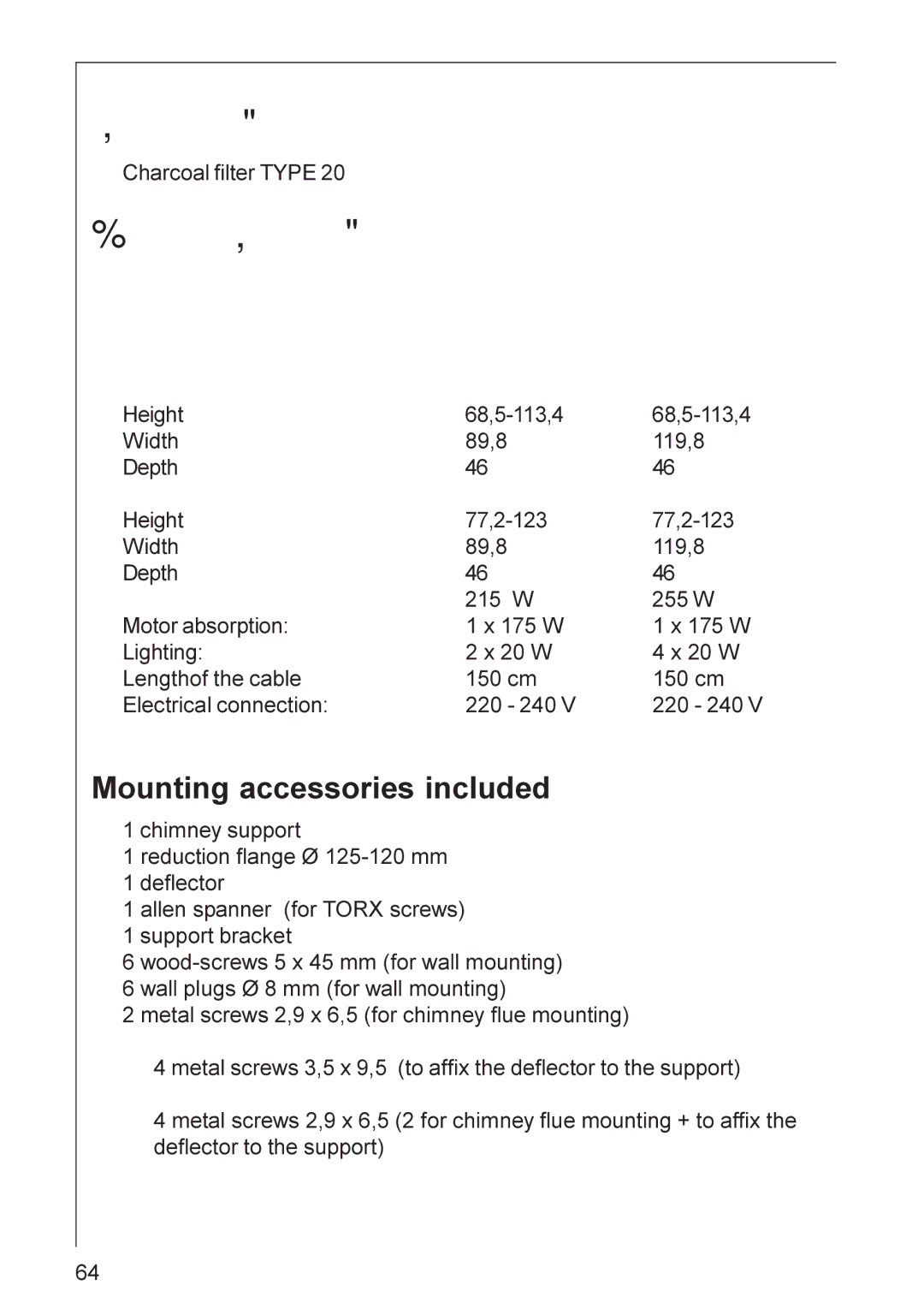 Electrolux DD 8820, HD 8820, HD 8890 Special accessories, Technical Specifications, Mounting accessories included 