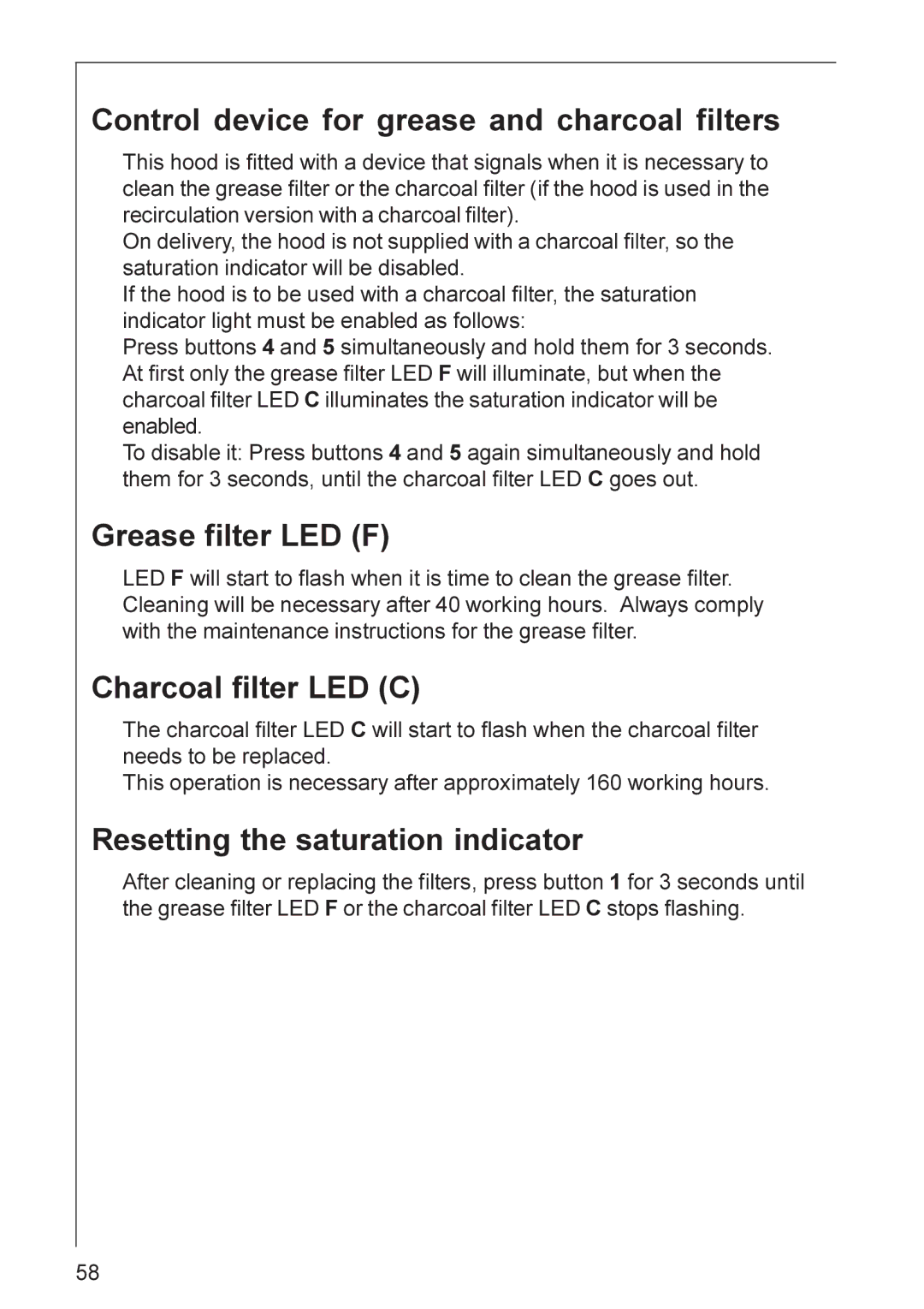 Electrolux DD 8820, HD 8820 Control device for grease and charcoal filters, Grease filter LED F, Charcoal filter LED C 