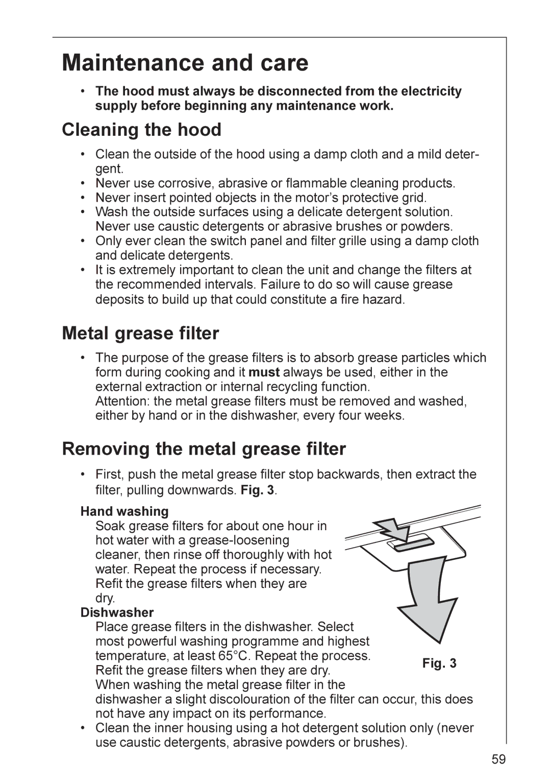 Electrolux HD 8820, HD 8890 Maintenance and care, Cleaning the hood, Metal grease filter, Removing the metal grease filter 