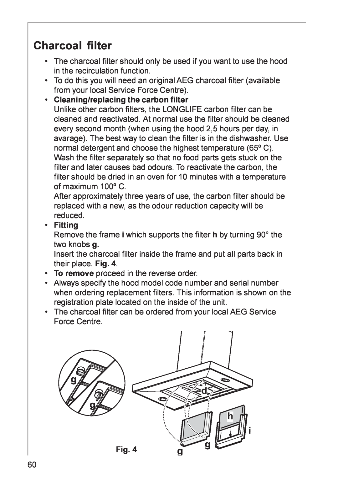Electrolux HD 8890, HD 8820, DD 8820 installation instructions Charcoal filter, d h g g 