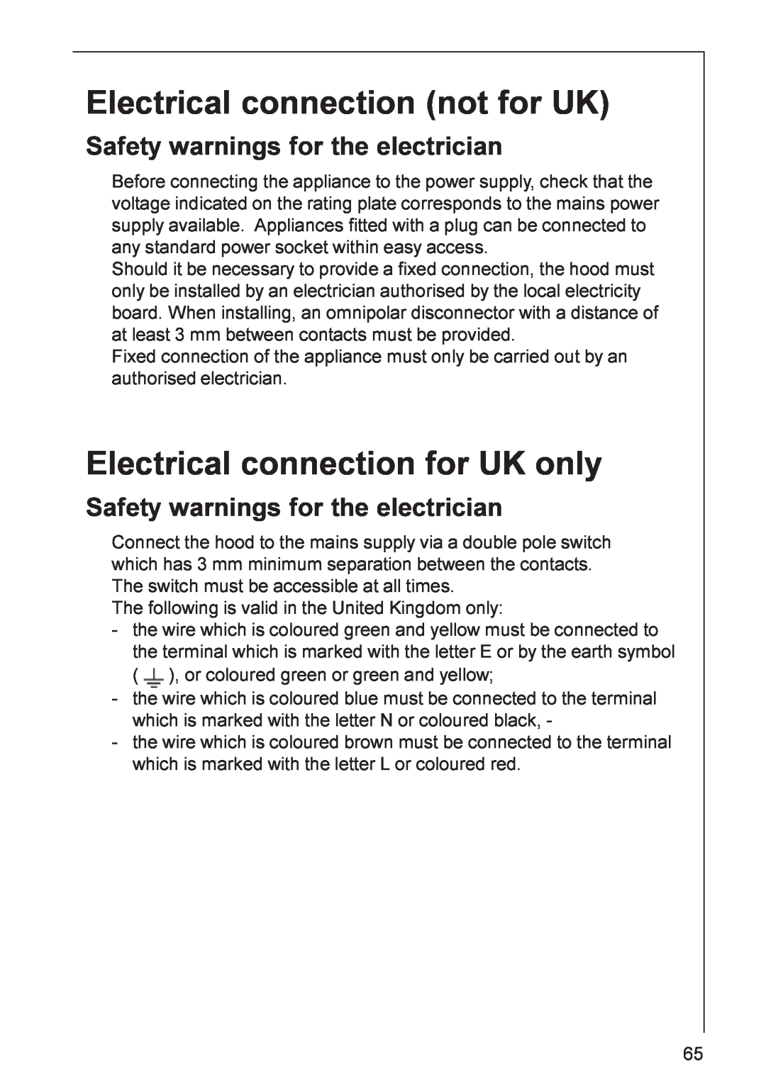 Electrolux HD 8820, HD 8890, DD 8820 Electrical connection not for UK, Electrical connection for UK only 