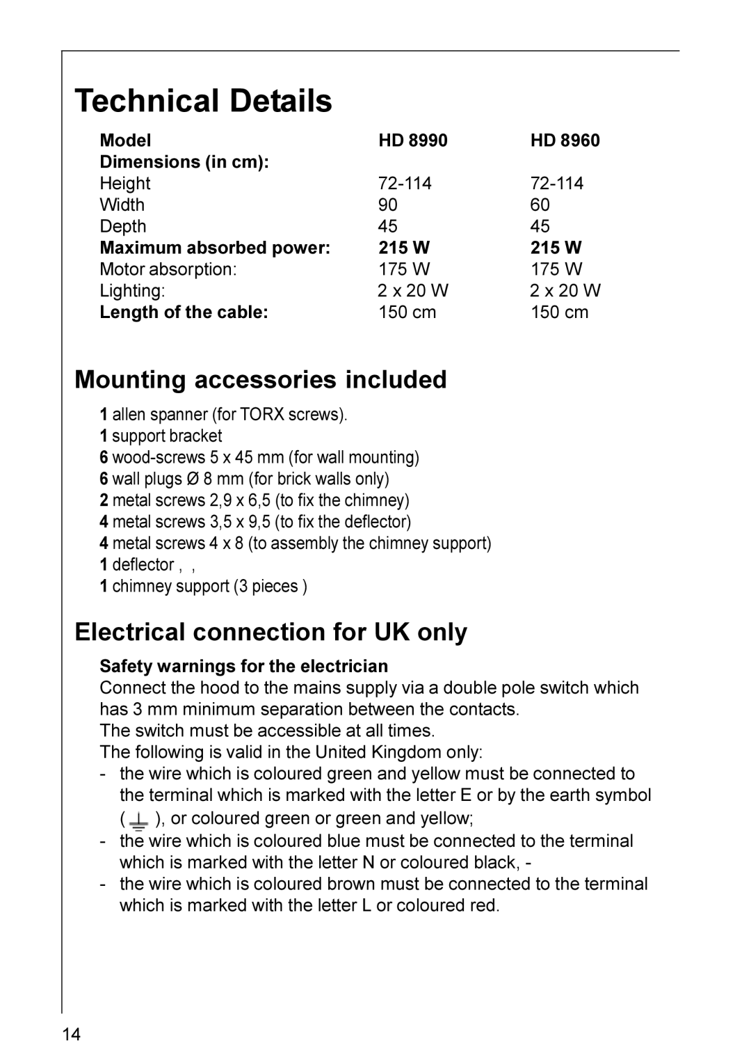 Electrolux HD 8990, HD 8960 Technical Details, Mounting accessories included, Electrical connection for UK only 