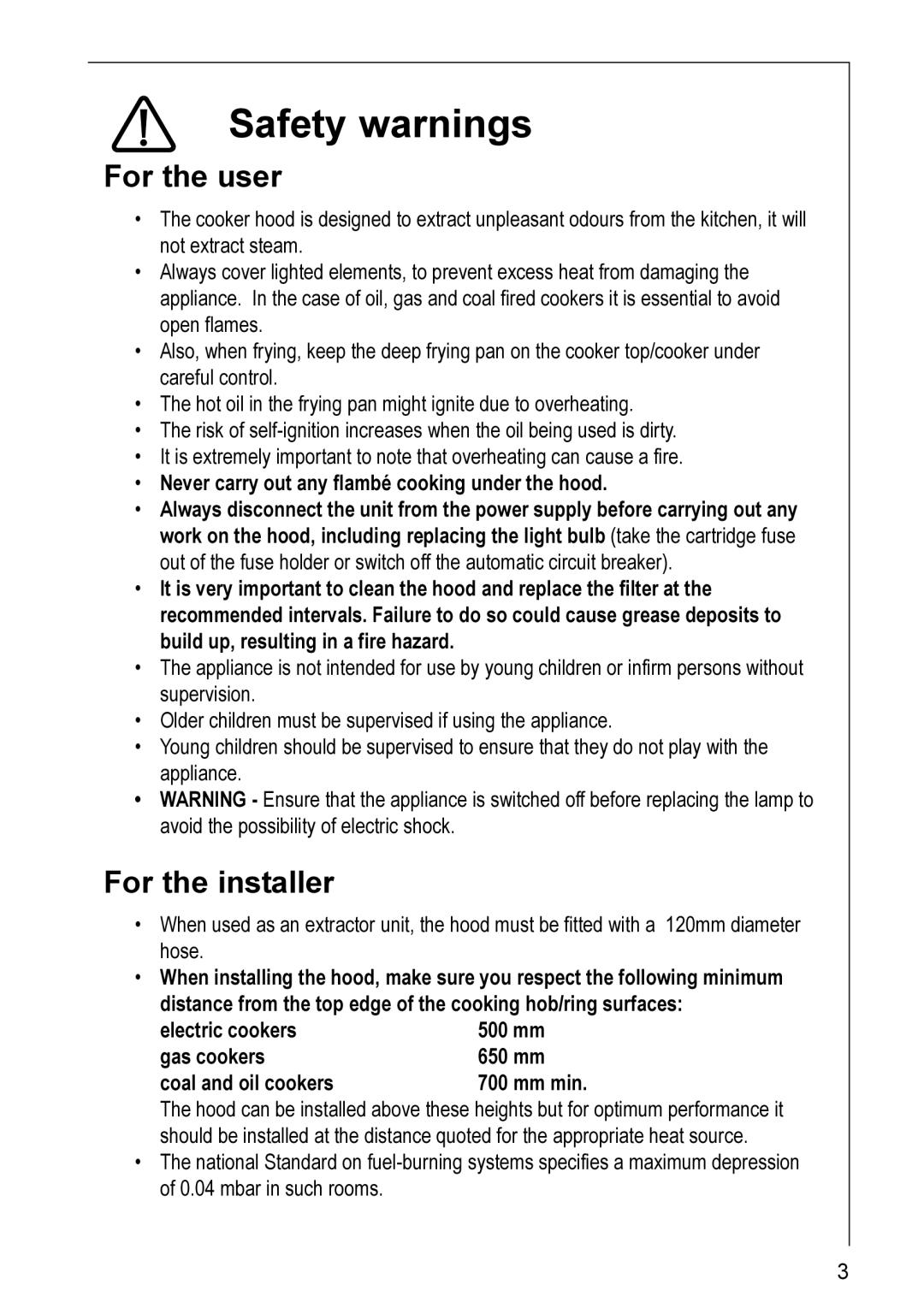 Electrolux HD 8960, HD 8990 installation instructions Safety warnings, For the user, For the installer 