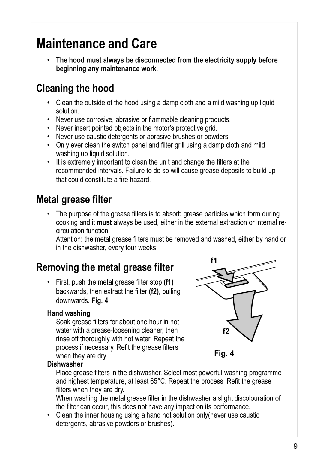 Electrolux HD 8960, HD 8990 Maintenance and Care, Cleaning the hood, Metal grease filter, Removing the metal grease filter 