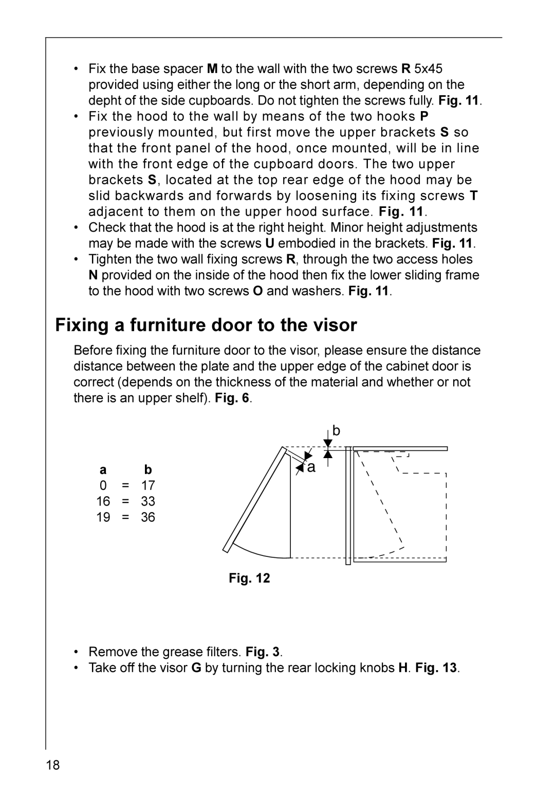 Electrolux HE 3160 installation instructions Fixing a furniture door to the visor 