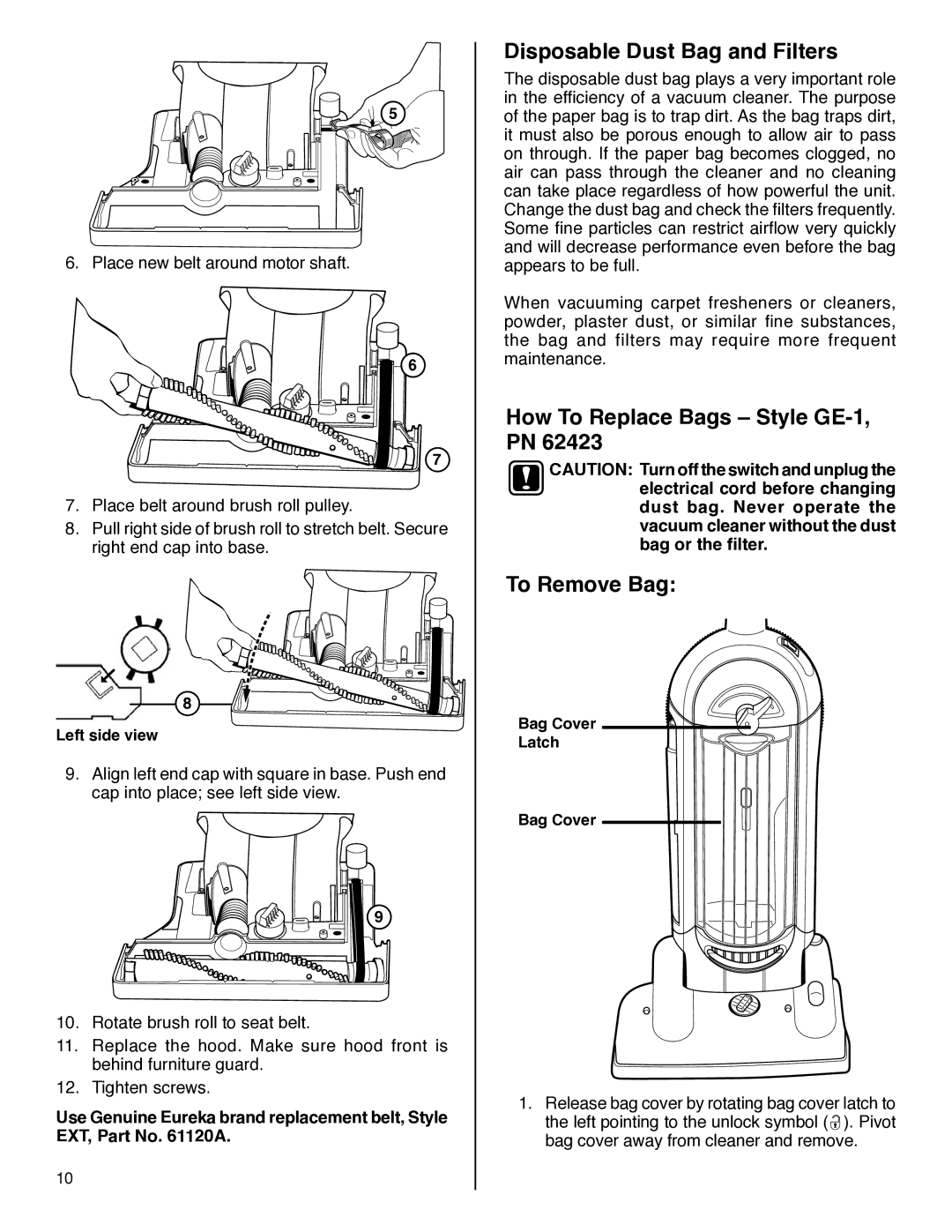 Electrolux HP5500 manual Disposable Dust Bag and Filters, How To Replace Bags Style GE-1, PN To Remove Bag 