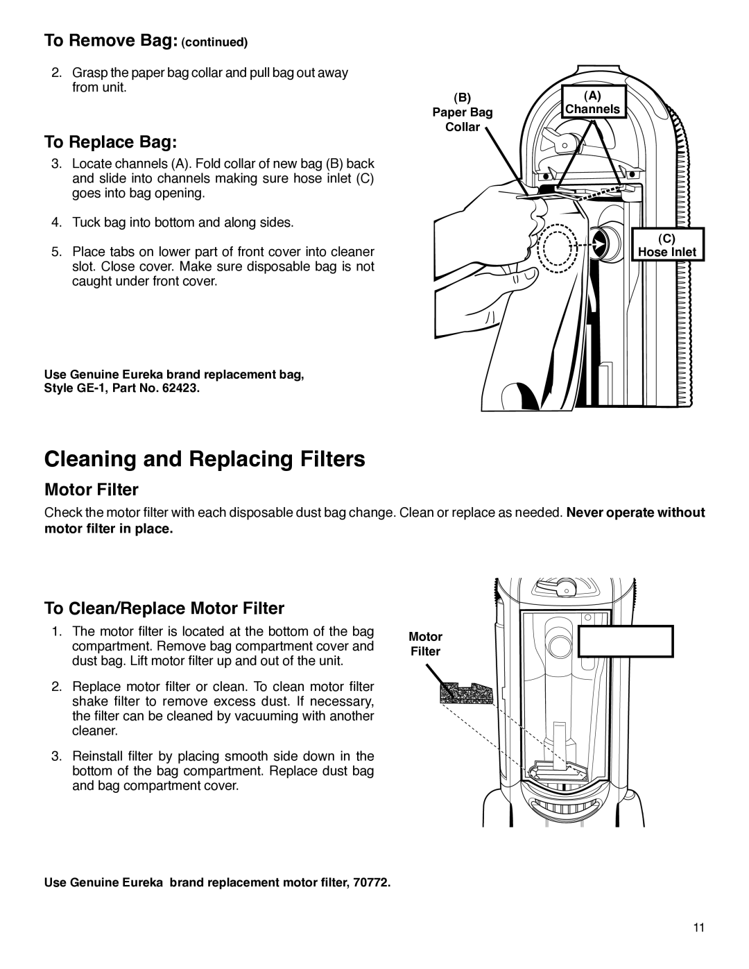 Electrolux HP5500 manual Cleaning and Replacing Filters, To Replace Bag, To Clean/Replace Motor Filter 