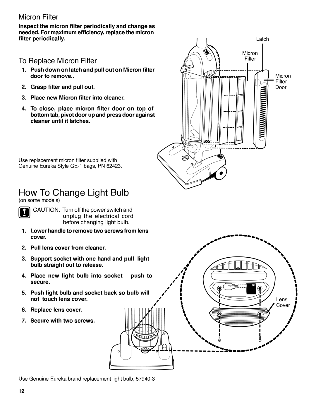 Electrolux HP5500 manual How To Change Light Bulb, To Replace Micron Filter 