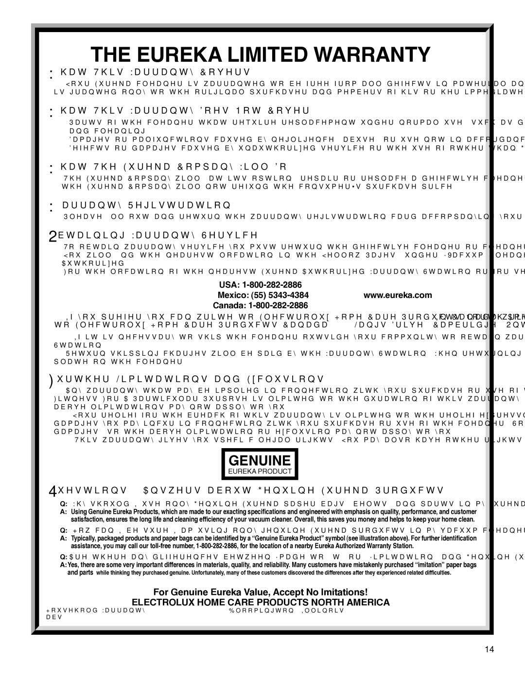 Electrolux HP5500 manual Eureka Limited Warranty 