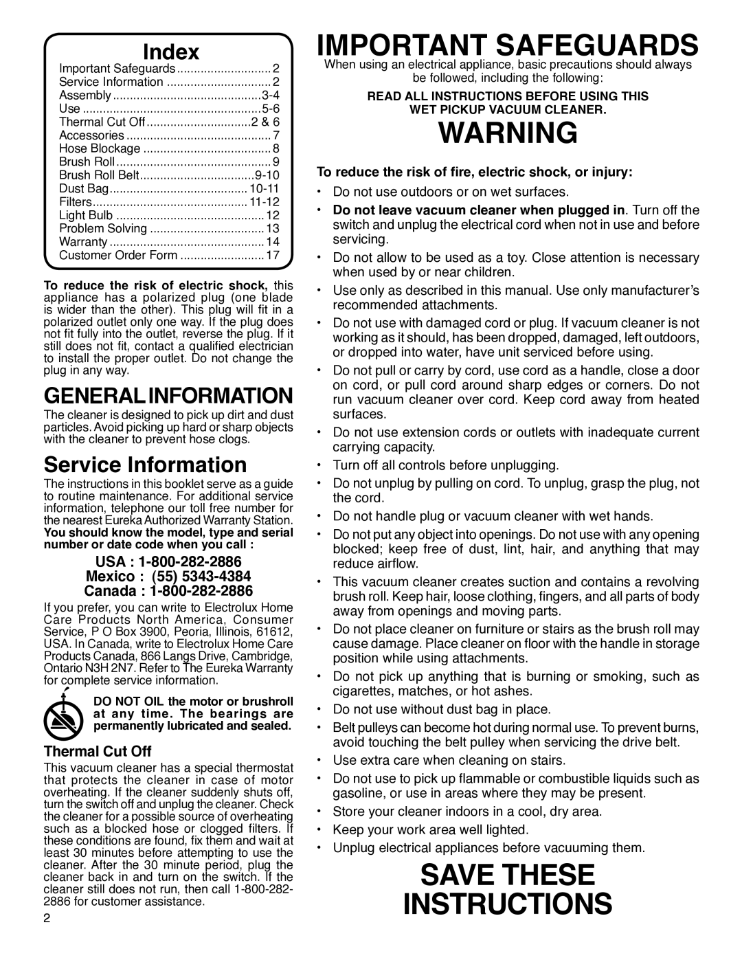 Electrolux HP5500 manual Index, Service Information 