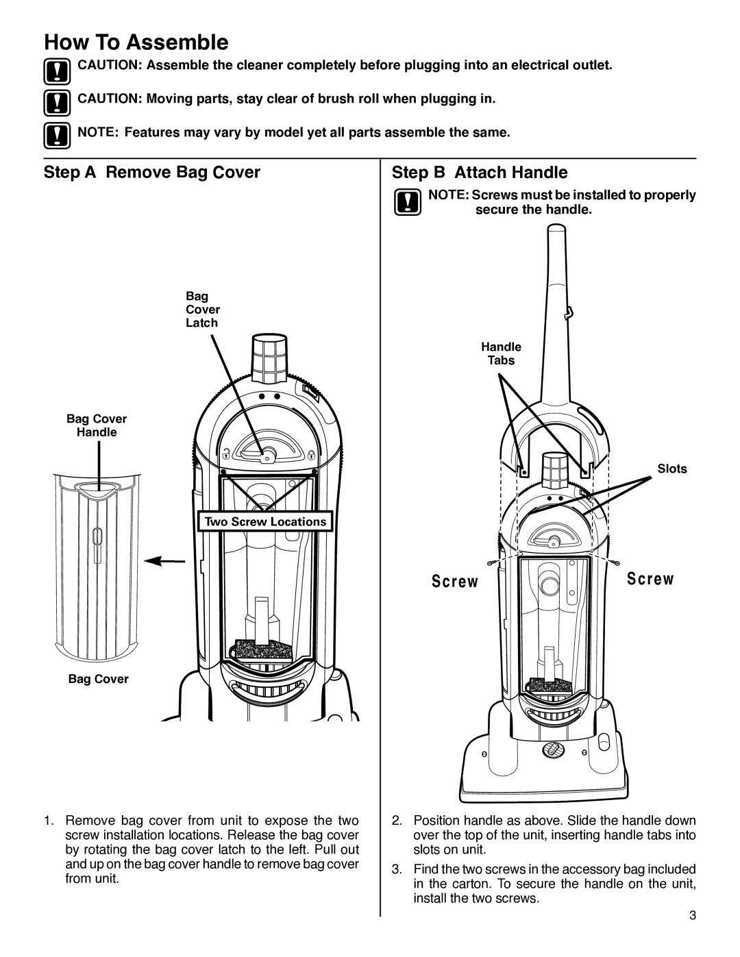 Electrolux HP5500 manual How To Assemble, Step a Remove Bag Cover, Step B Attach Handle, Screw Screw 