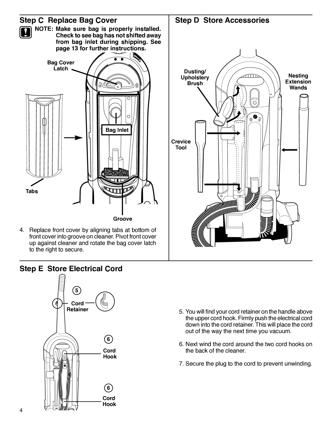 Electrolux HP5500 manual Step C Replace Bag Cover, Step D Store Accessories, Step E Store Electrical Cord 