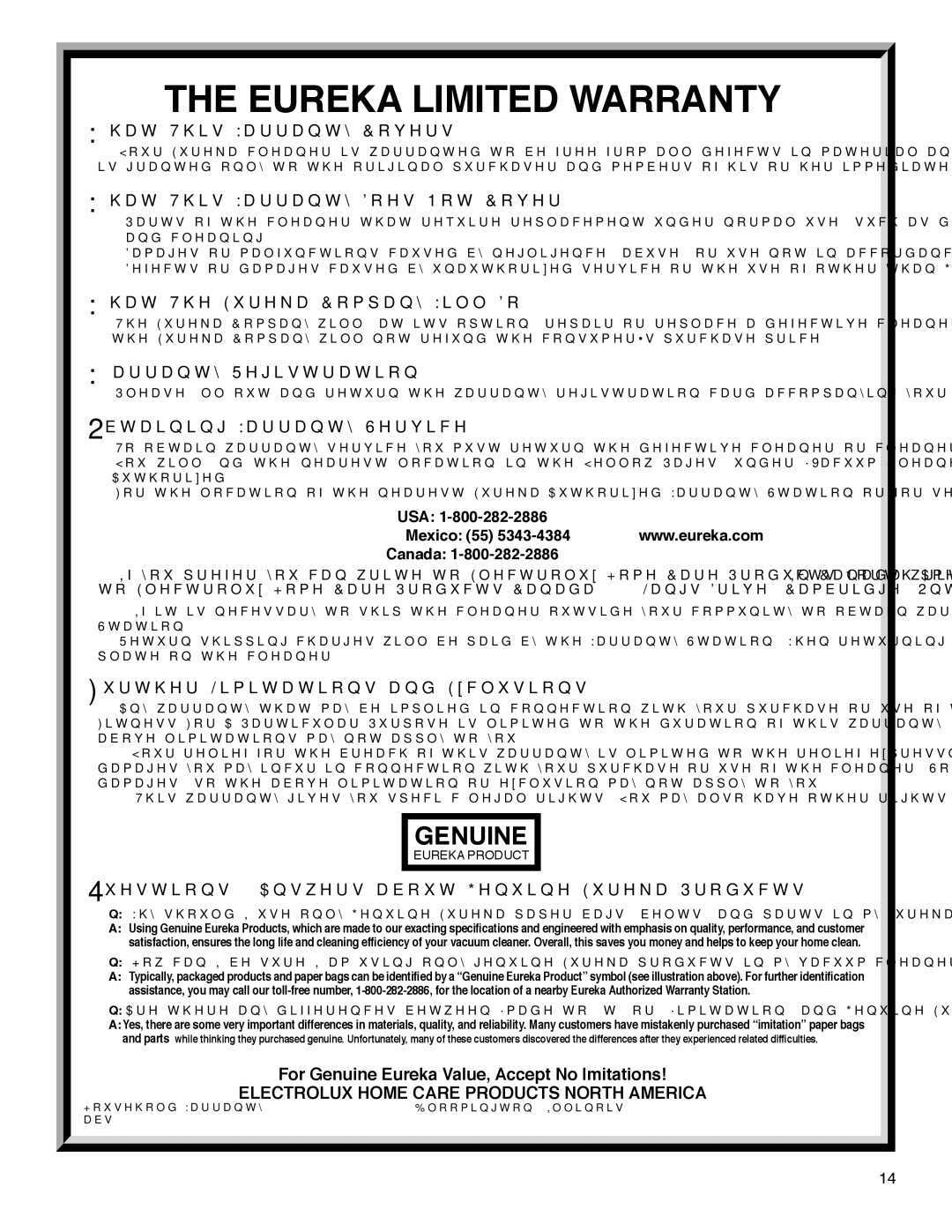 Electrolux HP5550 Series manual USA Canada, For Genuine Eureka Value, Accept No Imitations 