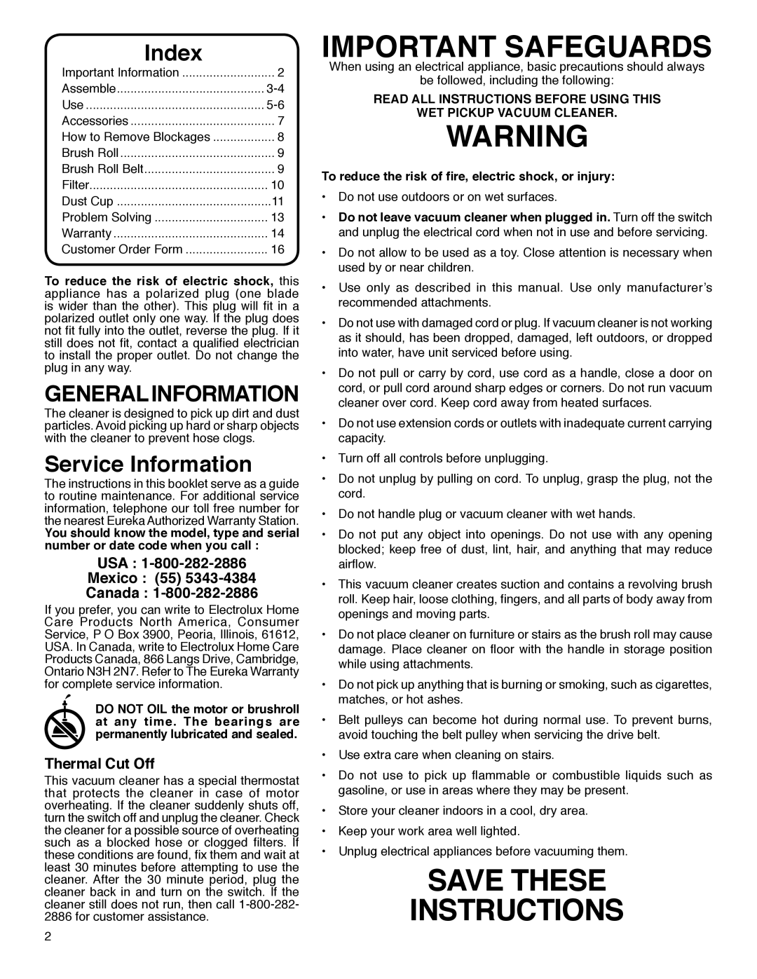 Electrolux HP5550 Series manual Index, Service Information, To reduce the risk of ﬁre, electric shock, or injury 