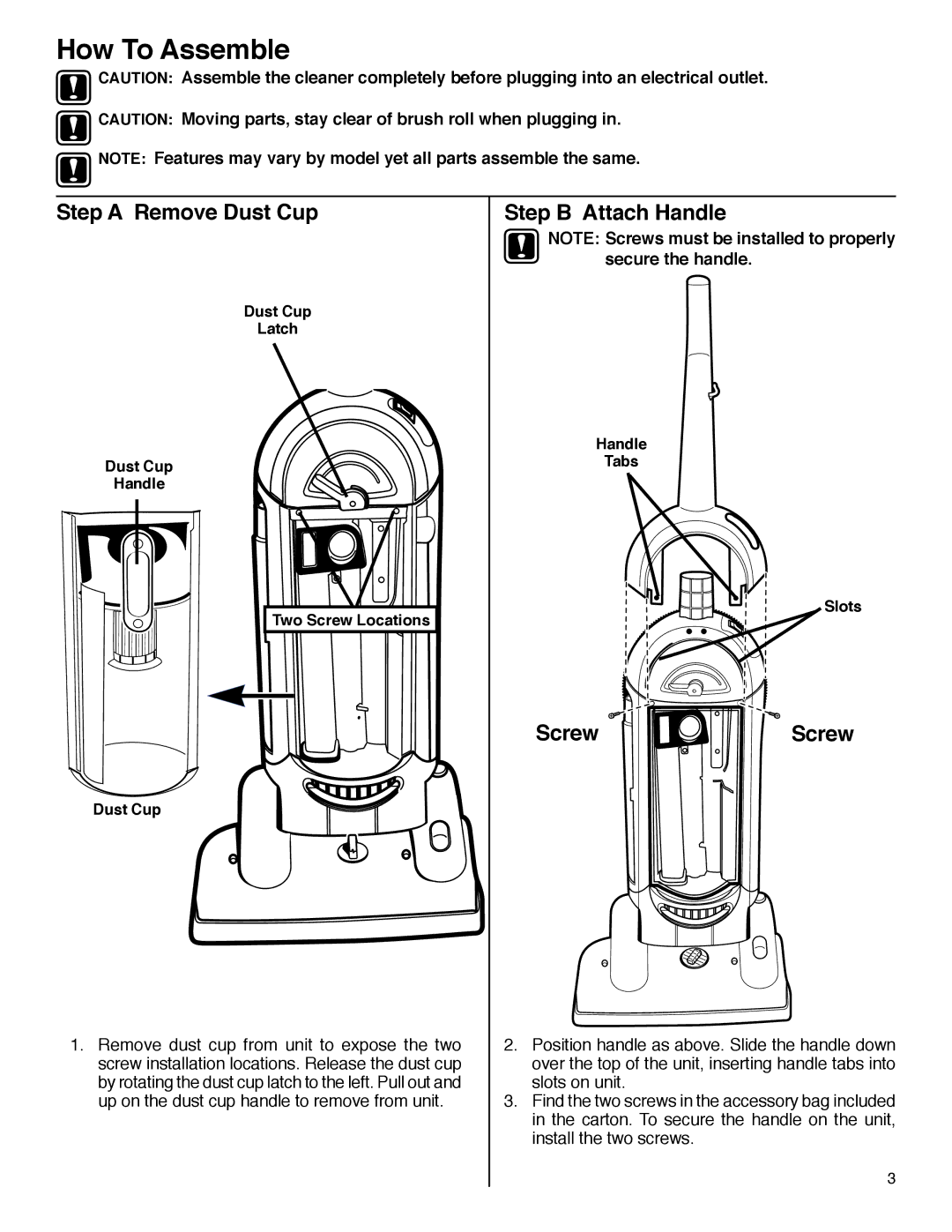 Electrolux HP5550 Series manual How To Assemble, Step a Remove Dust Cup, Step B Attach Handle, Screw Screw 