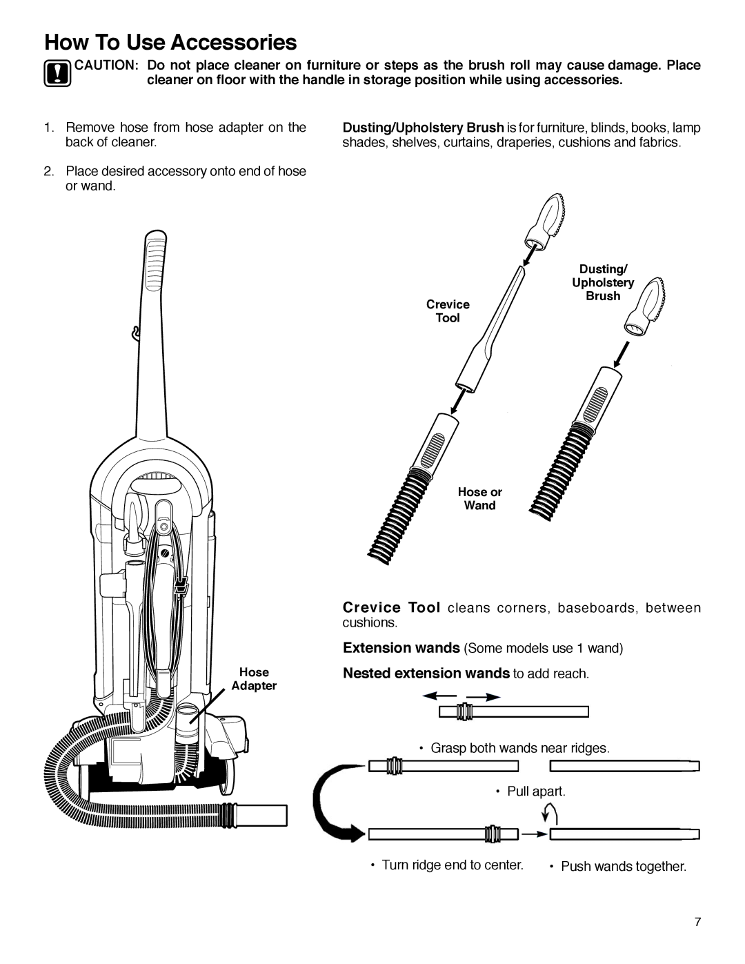 Electrolux HP5550 Series manual How To Use Accessories, Dusting Upholstery Crevice Tool Brush Hose or Wand, Adapter 