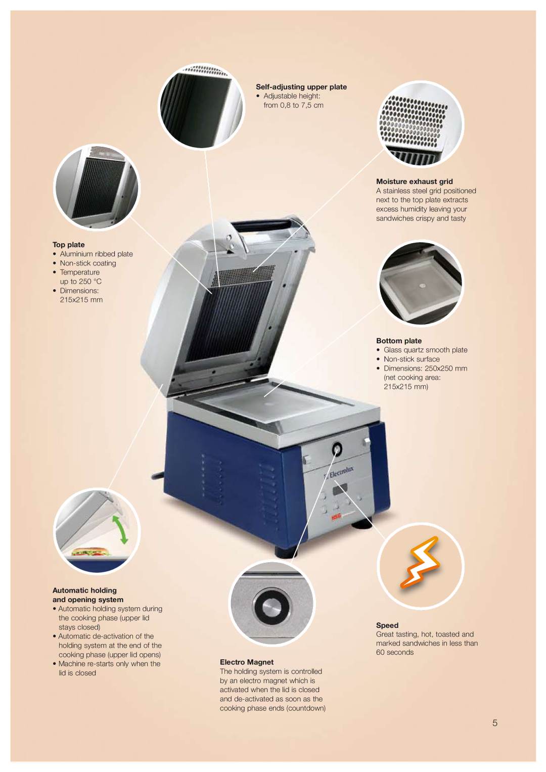 Electrolux HSG manual Top plate, Self-adjusting upper plate, Electro Magnet, Moisture exhaust grid, Bottom plate, Speed 