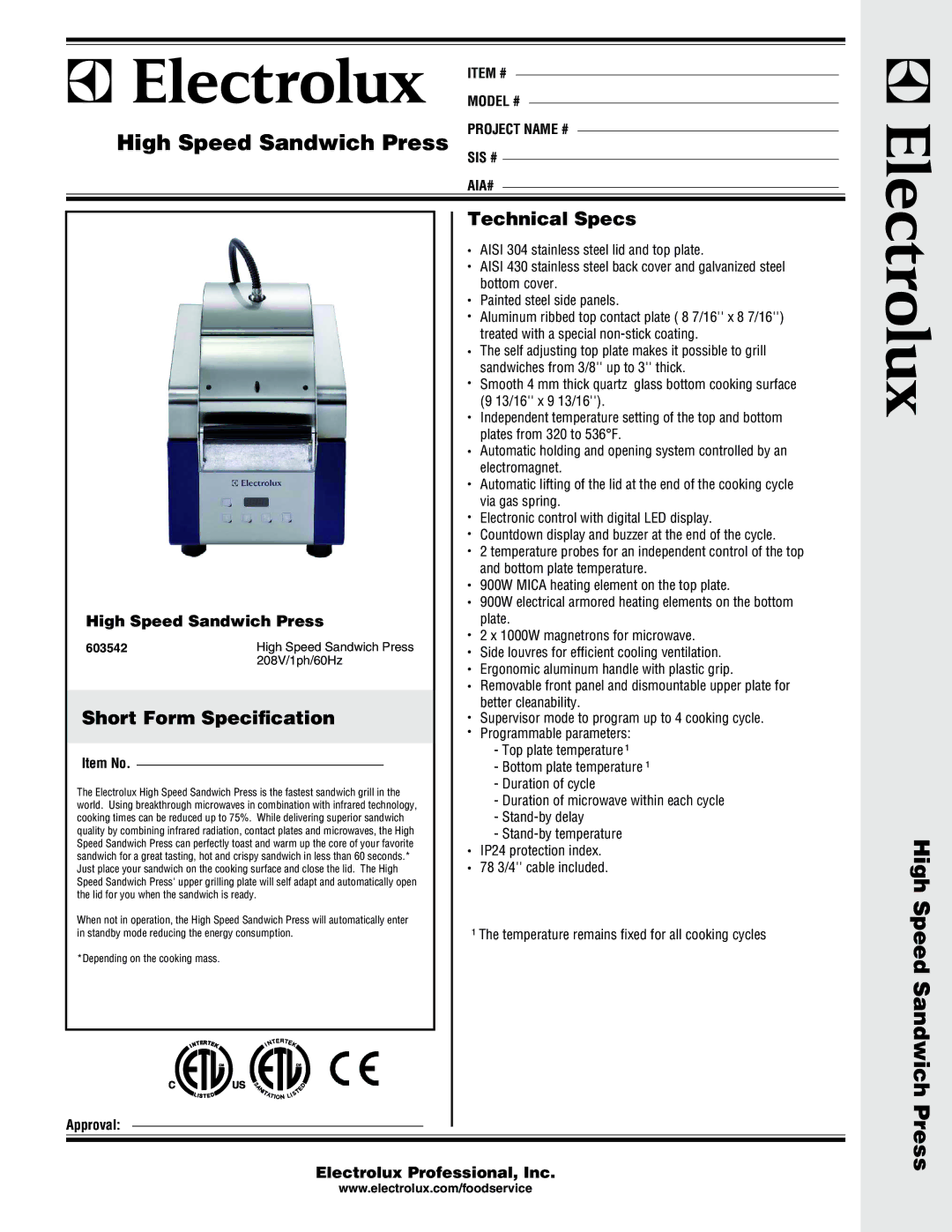 Electrolux 603542, HSPPUS manual High Speed Sandwich Press, Short Form Speciﬁcation, Technical Specs 