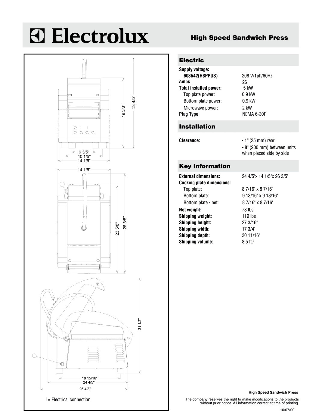 Electrolux HSPPUS, 603542 manual High Speed Sandwich Press, Electric, Installation, Key Information 