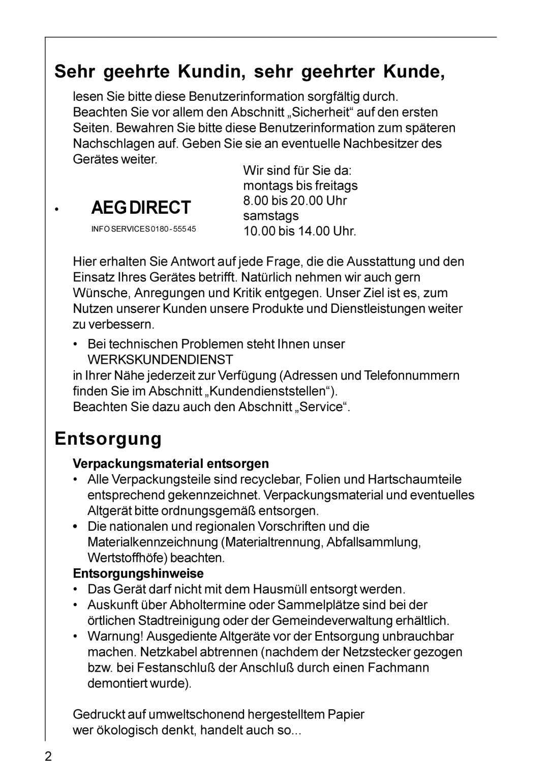 Electrolux DU 3160, HU 4360, HU 3360, DU 3150 installation instructions Sehr geehrte Kundin, sehr geehrter Kunde, Entsorgung 