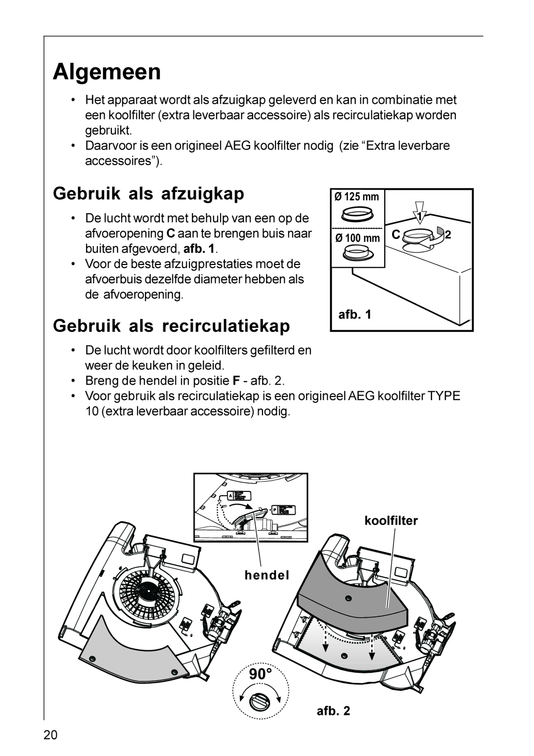 Electrolux HU 4360, HU 3360, DU 3160, DU 3150 Algemeen, Gebruik als afzuigkap, Gebruik als recirculatiekap 