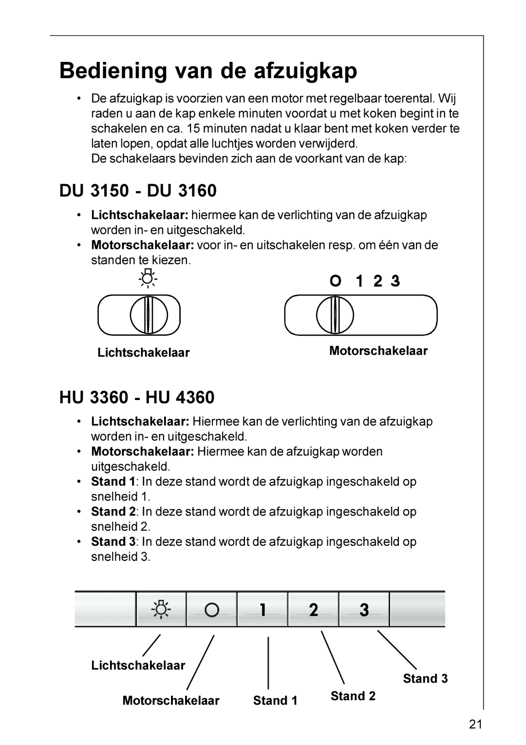 Electrolux HU 3360, HU 4360, DU 3160 installation instructions Bediening van de afzuigkap, DU 3150 DU 