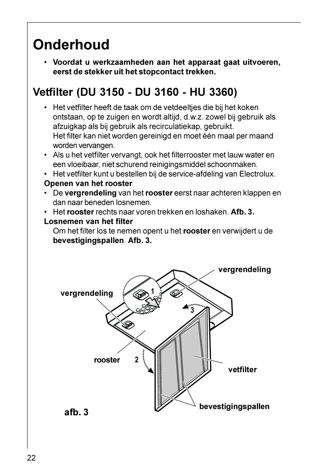 Electrolux HU 4360, HU 3360 installation instructions Onderhoud, Vetfilter DU 3150 DU 3160 HU 