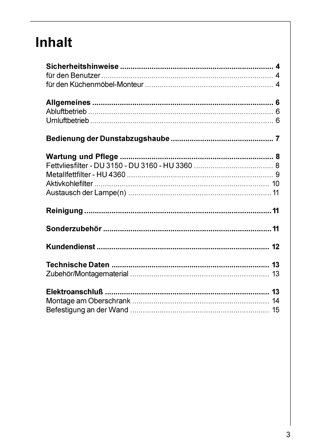 Electrolux DU 3150, HU 4360, HU 3360, DU 3160 installation instructions Inhalt, Bedienung der Dunstabzugshaube 