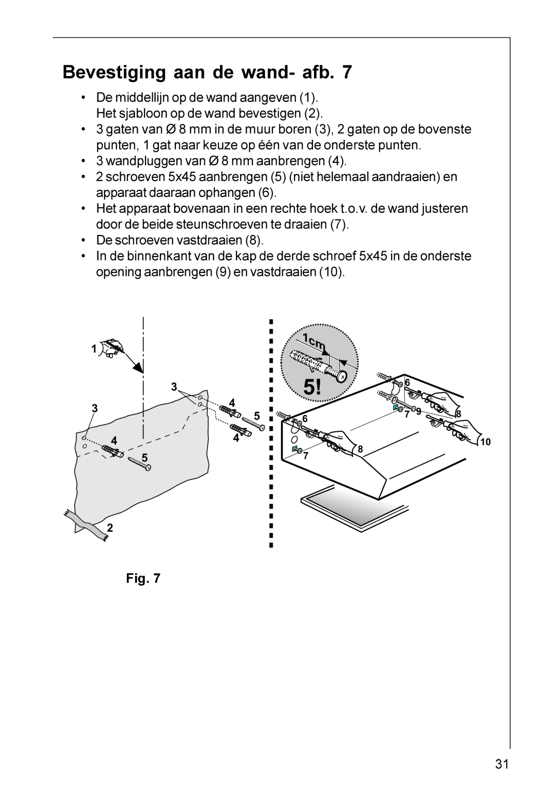 Electrolux DU 3150, HU 4360, HU 3360, DU 3160 installation instructions Bevestiging aan de wand- afb 