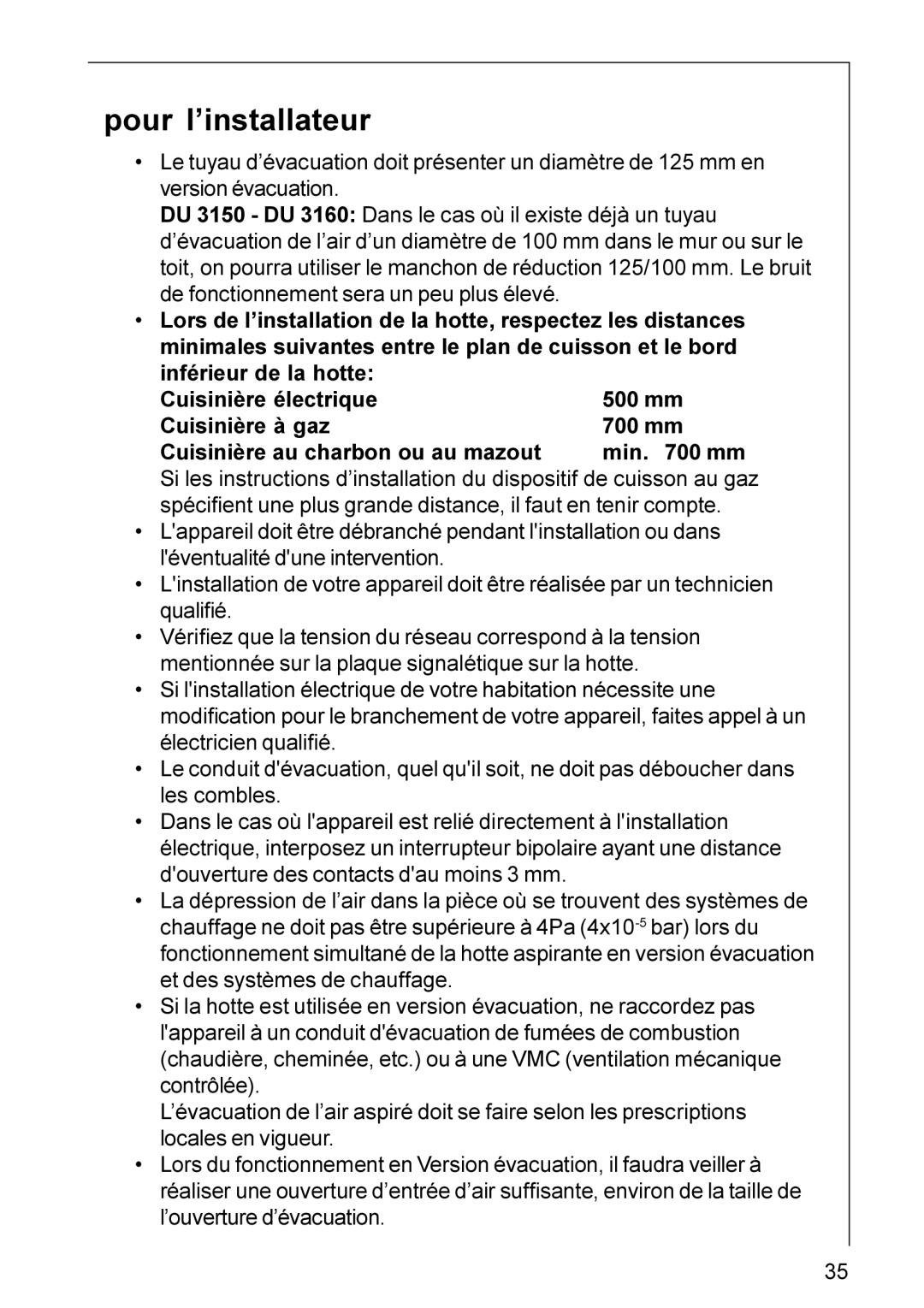 Electrolux DU 3150, HU 4360, HU 3360, DU 3160 installation instructions Pour l’installateur 