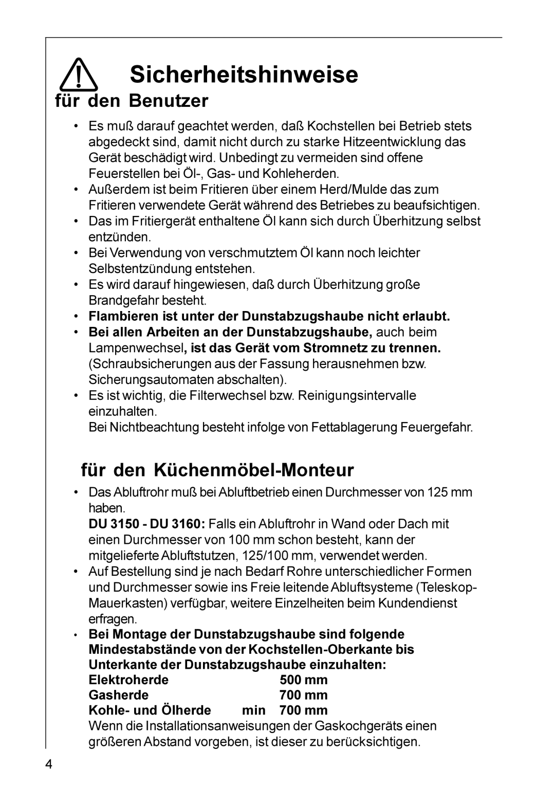 Electrolux HU 4360, HU 3360, DU 3160, DU 3150 Sicherheitshinweise, Für den Benutzer, Für den Küchenmöbel-Monteur 