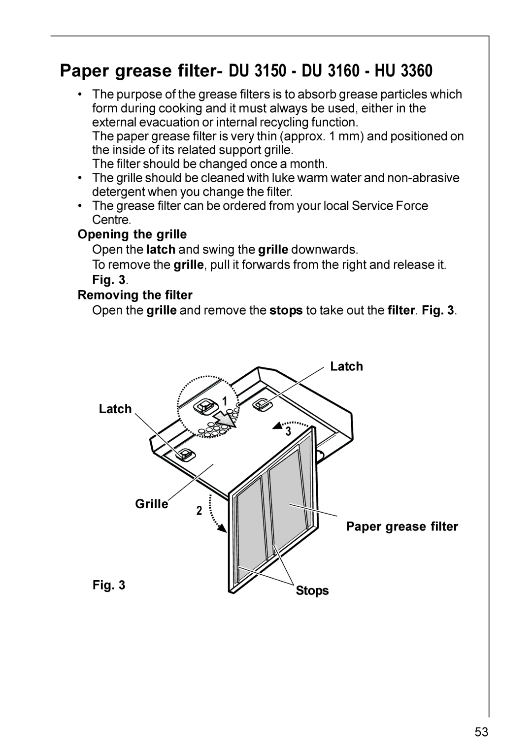 Electrolux HU 3360, HU 4360 installation instructions Paper grease filter- DU 3150 DU 3160 HU 