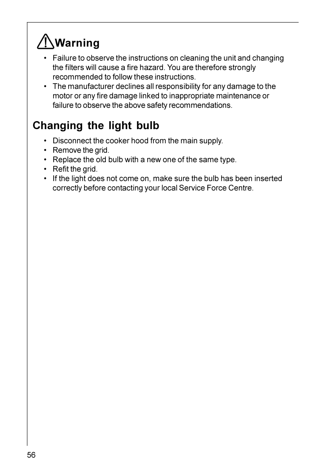 Electrolux HU 4360, HU 3360, DU 3160, DU 3150 installation instructions Changing the light bulb 