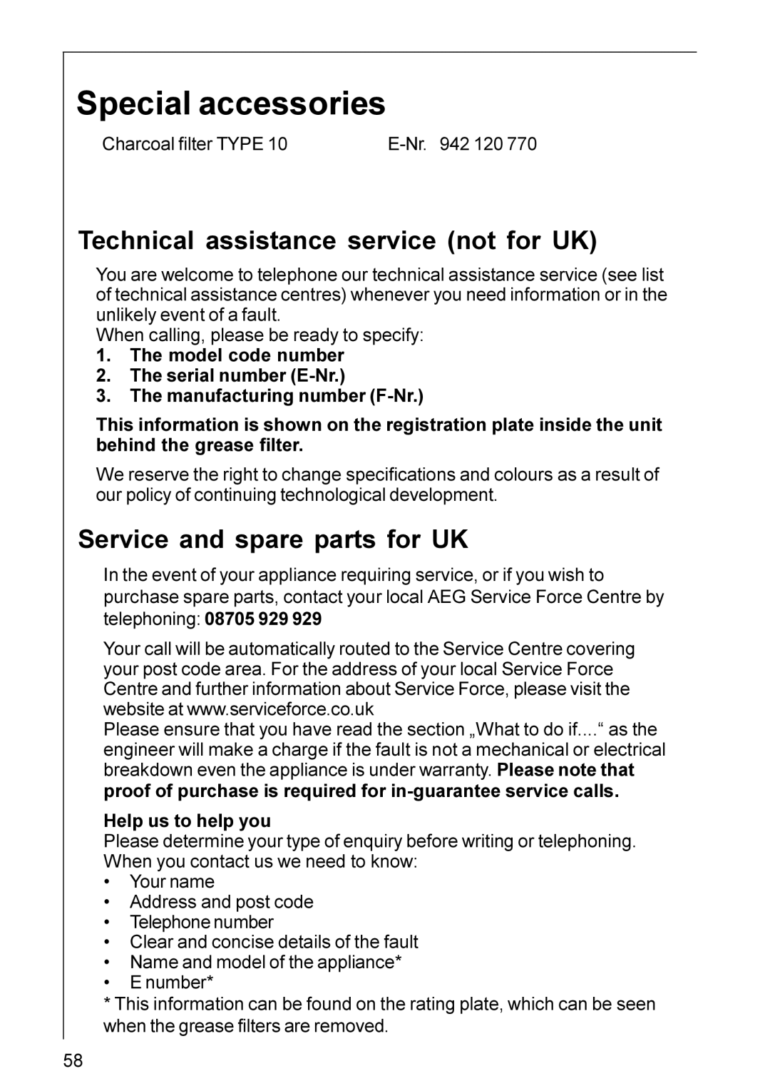 Electrolux DU 3160, HU 4360 Special accessories, Technical assistance service not for UK, Service and spare parts for UK 